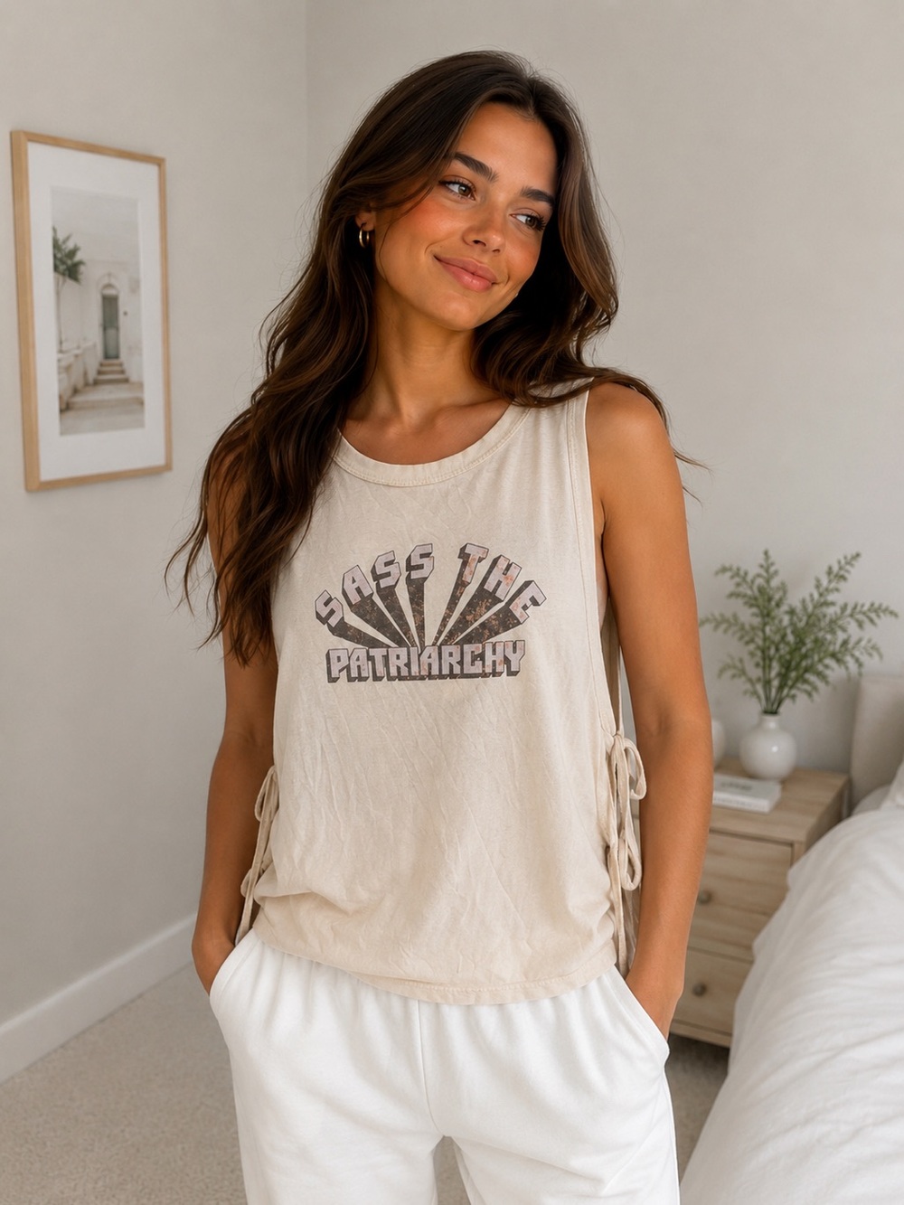 Don’t Ask Why Cream Graphic Side-Tie Tank Top - Sass The Patriarchy